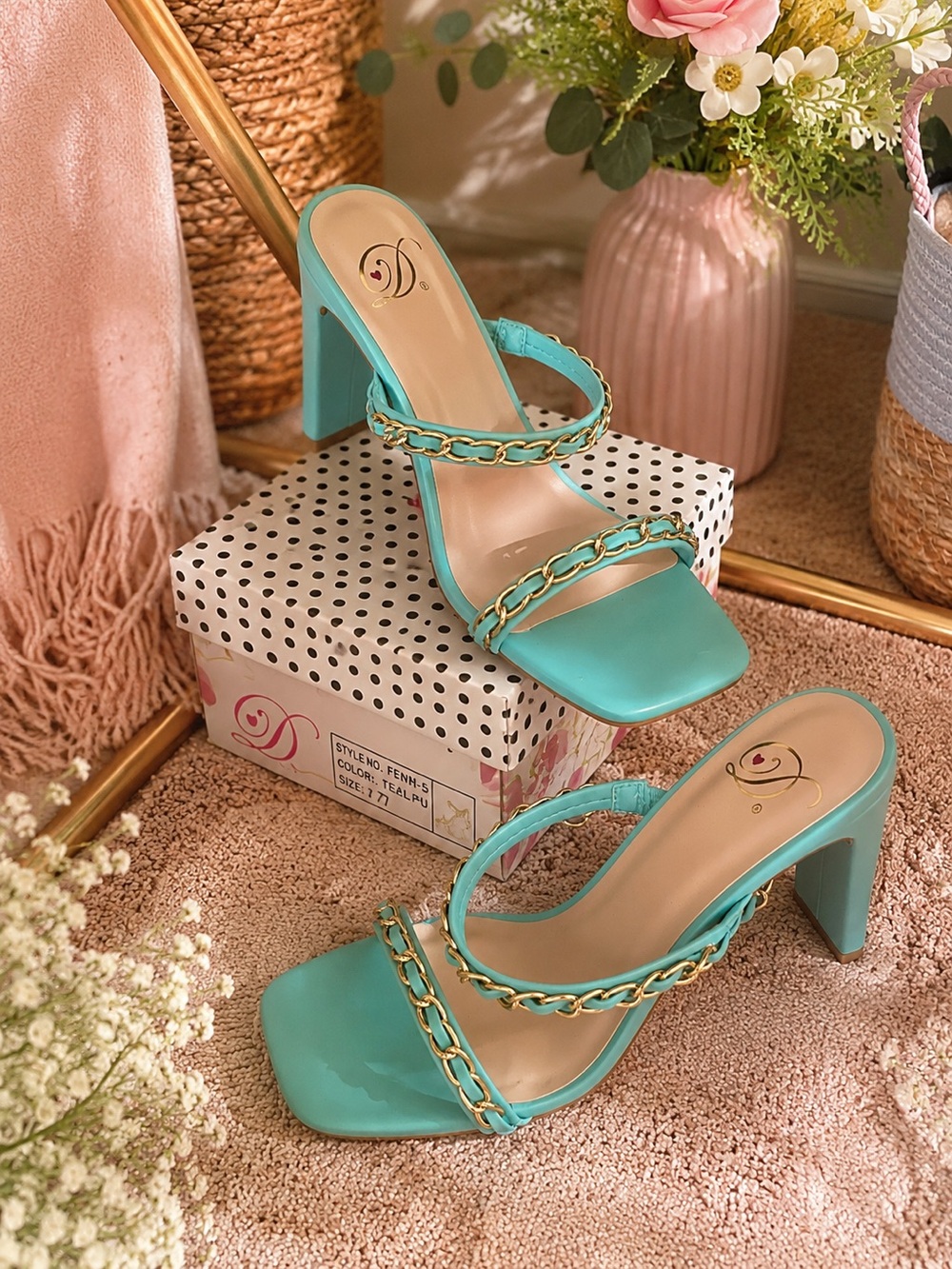 Turquoise Chain-Trim High Heel Sandals - Women's
